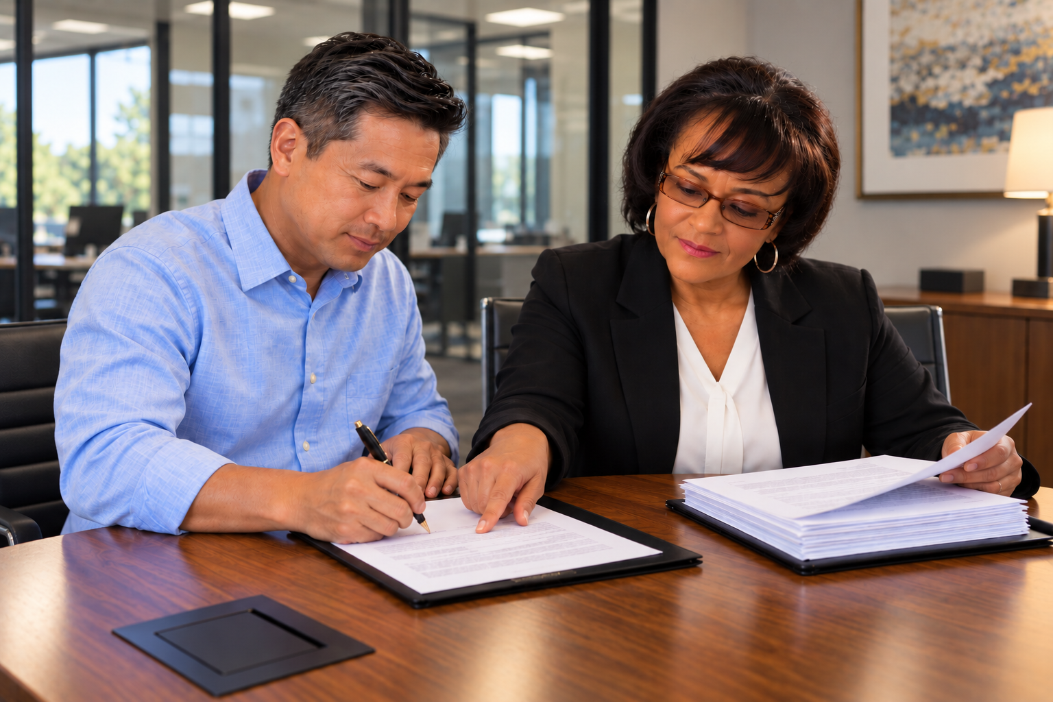 Notary guiding a client through a stack of signing documents