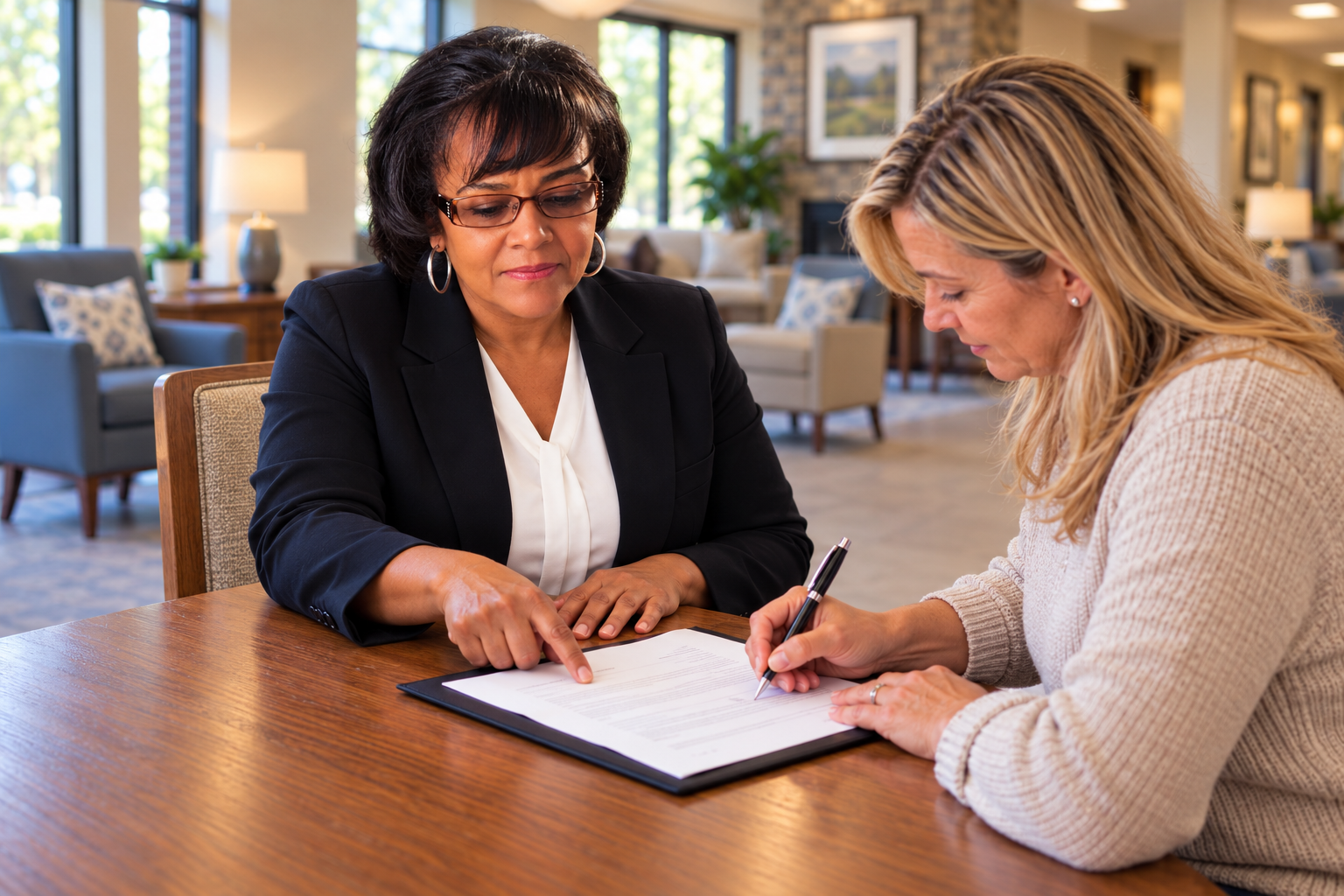 Notary assisting a blonde client with signing documents